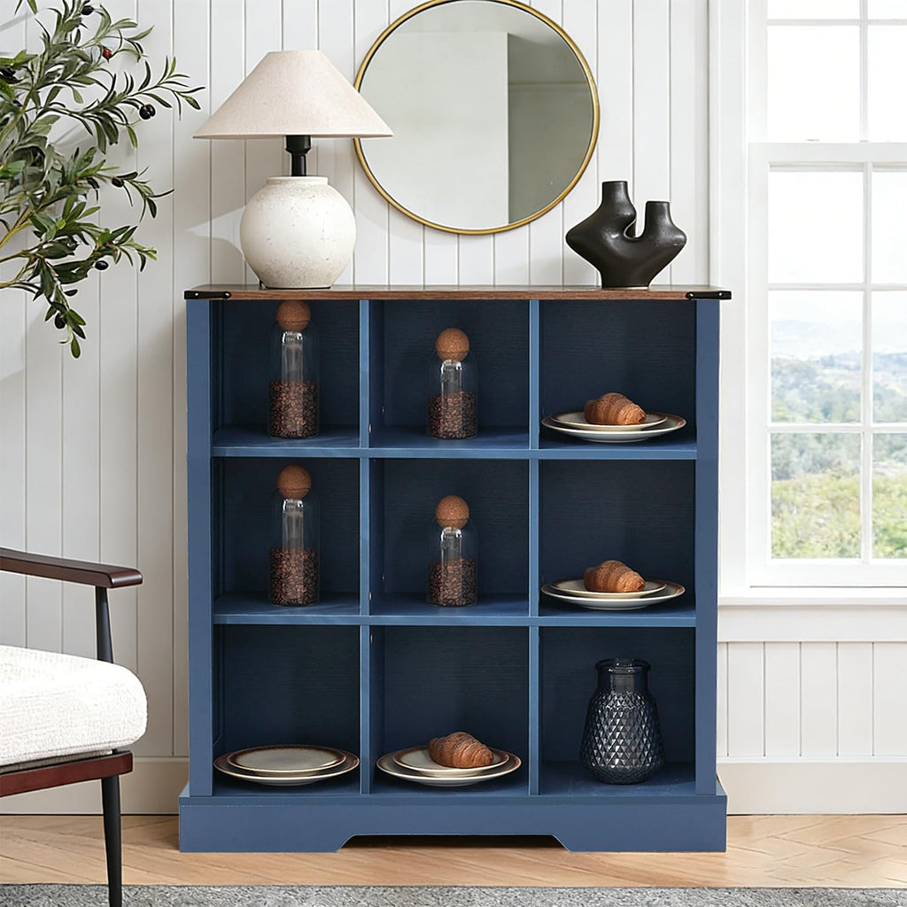 9 Cube Storage Organizer, Wood Cube Bookshelf with LED Lights, Horizontal Storage Cubes, Kids Bookshelf, Display Cabinet Cubby Shelf for Living Room Home Office Bedroom，Navy Blue