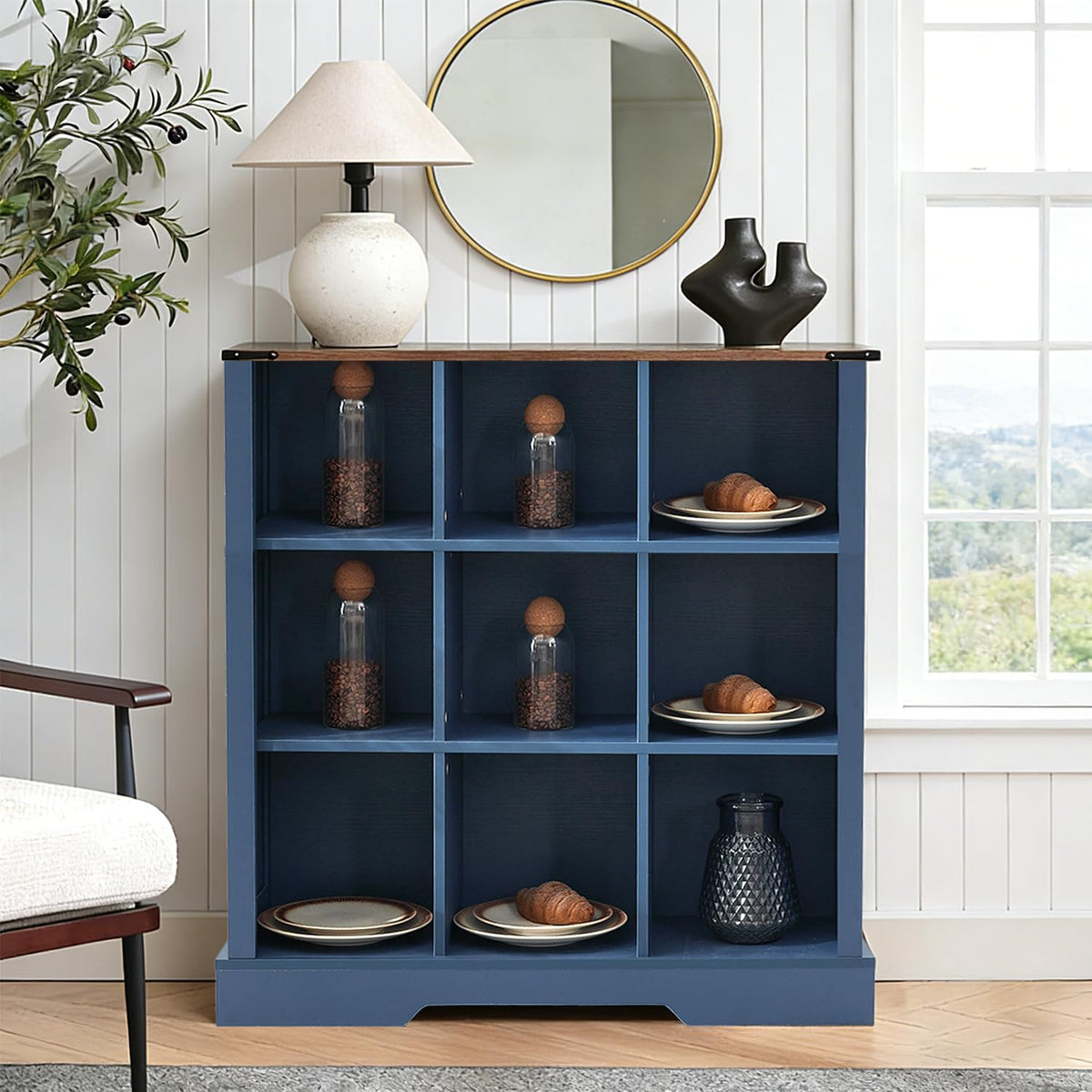9 Cube Storage Organizer, Wood Cube Bookshelf with LED Lights, Horizontal Storage Cubes, Kids Bookshelf, Display Cabinet Cubby Shelf for Living Room Home Office Bedroom，Navy Blue