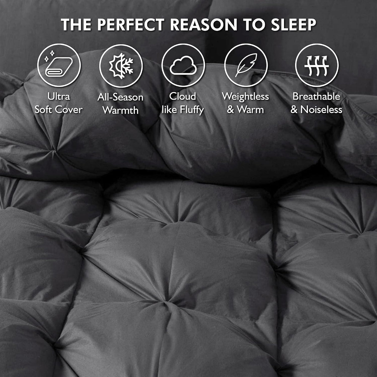 Luxurious All-Season Goose Down Feather Fiber Comforter Queen Size Duvet Insert, Exquisite Pinch Pleat Ruffled Twisted Flower, Premium Baffle Box, 100% Egyptian Cotton Cover, 60 oz. Fill Weight, Gray