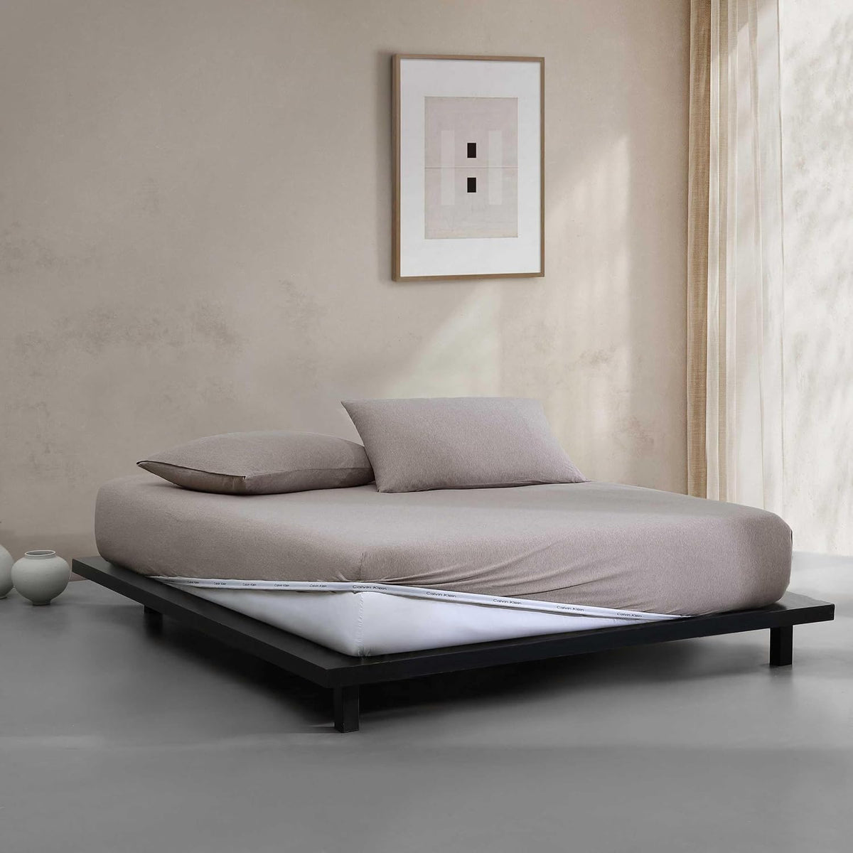 Calvin Klein - Queen Size Sheets Set, Naturally Soft Cotton-Blend Melange Jersey Bedding - Bed Sheets with Matching Pillowcases & Fitted Sheet (Modern Cotton Brown)