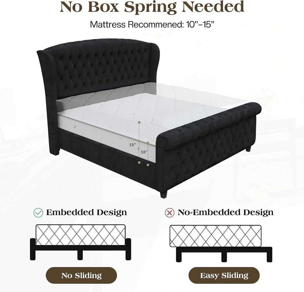 LUXOAK Queen Size Platform Bed Frame, Velvet Upholstered Sleigh Bed with Curved Headboard & Footboard, Deep Button Tufted, Wood Slats Support, No Box Spring Needed, Black