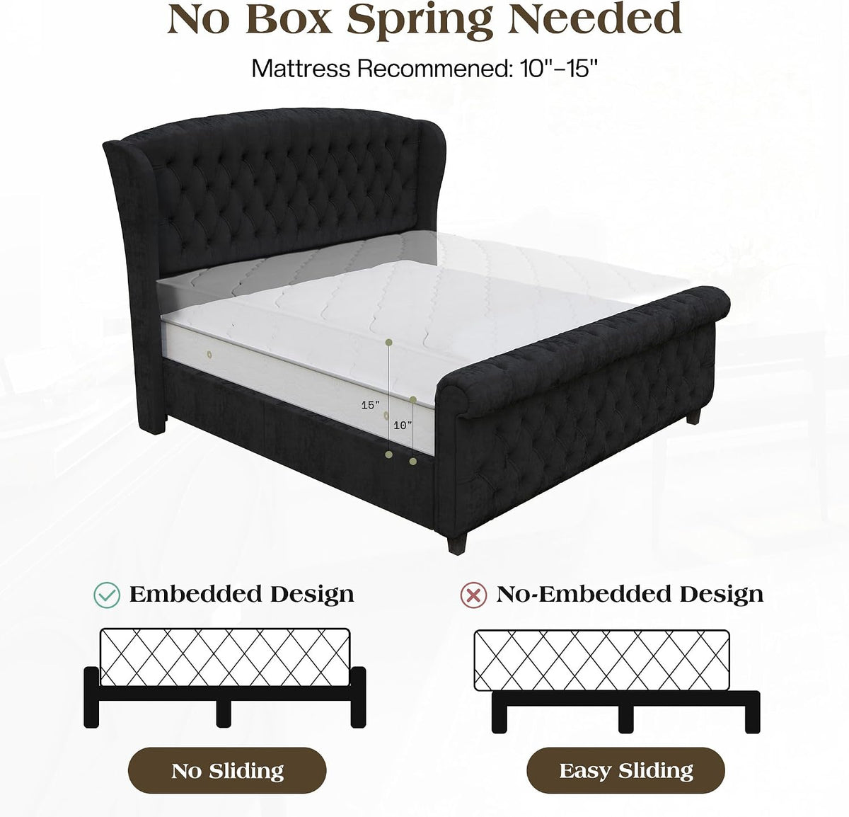 LUXOAK King Size Platform Bed Frame, Velvet Upholstered Sleigh Bed with Curved Headboard & Footboard, Deep Button Tufted, Wood Slats Support, No Box Spring Needed, Black
