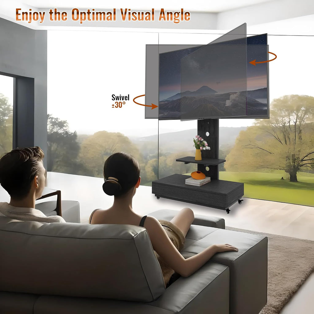 TV Stand with Sliding Drawer, Floor Stand with Lockable Wheel Mount, 32-75 Inch Mobile TV Cart for Living Room, Bedroom, Office