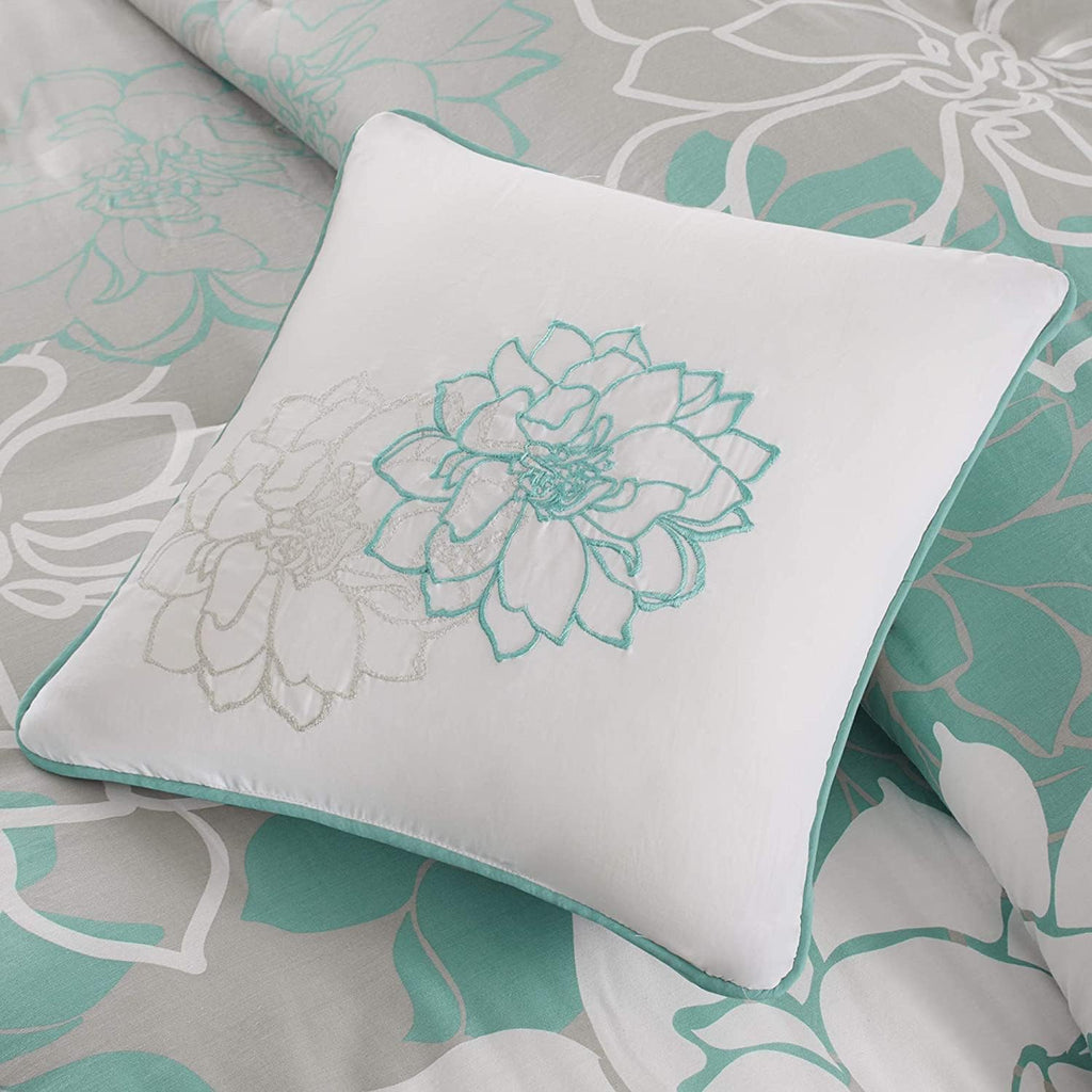 Madison Park Lola 100% Cotton Duvet Set Beautiful Floral Pattern, Ruffle Border Design All Season, Breathable Comforter Cover Bedding, Matching Shams, King(104'x92'), Aqua/Grey 6 Piece