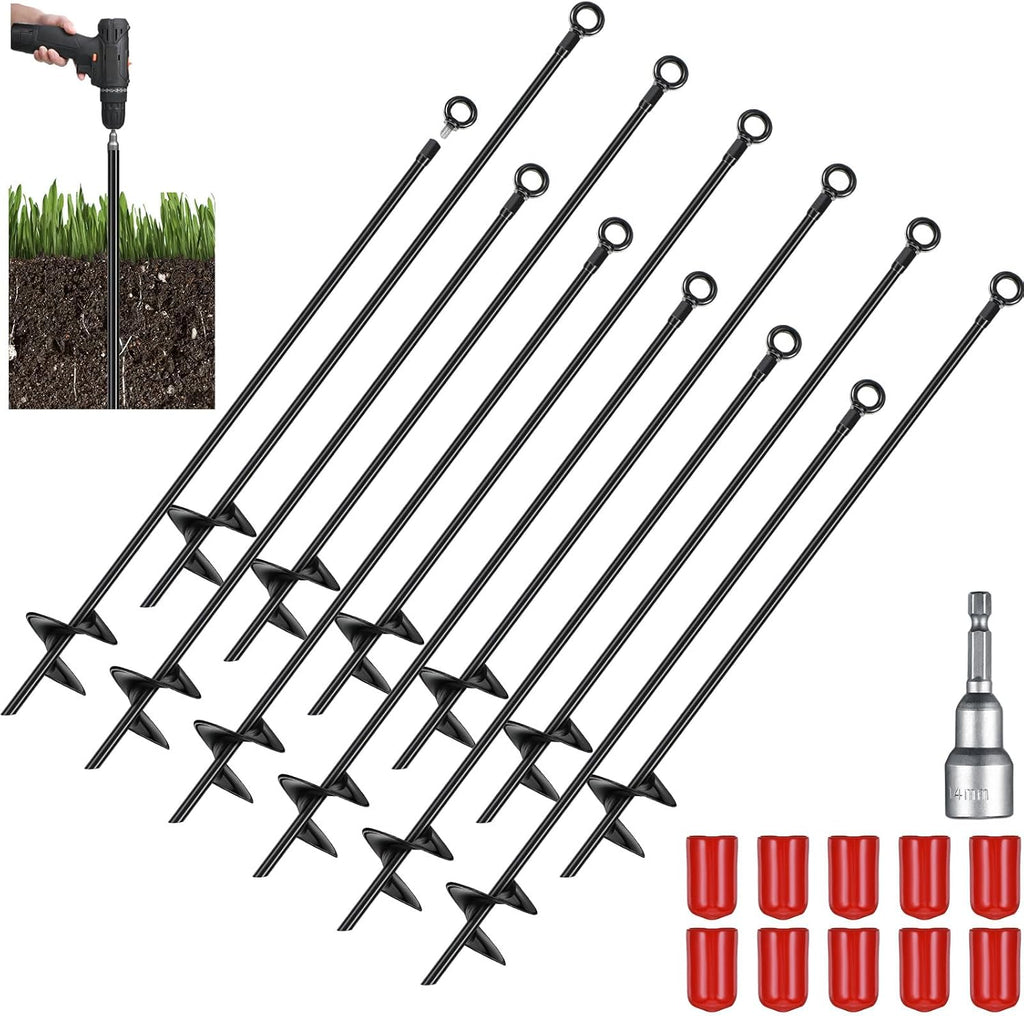 Lasnten 12 Pcs 30 Inch Long Spiral Ground Anchor Heavy Duty Blade Earth Anchor Kit Metal Anchors Hook Beach Sand Stakes Camping for Securing Animals, Shelters, Tents, Canopies (Black)