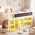 Giantex Low Loft Bed with LED Lights, Twin Size Bed Frames for Kids w/Chalkboard, Removable Bookcase & Under-Bed Storage Space, Wood Loft Beds with Stairs, Safety Guardrail for Girls Boys (White)