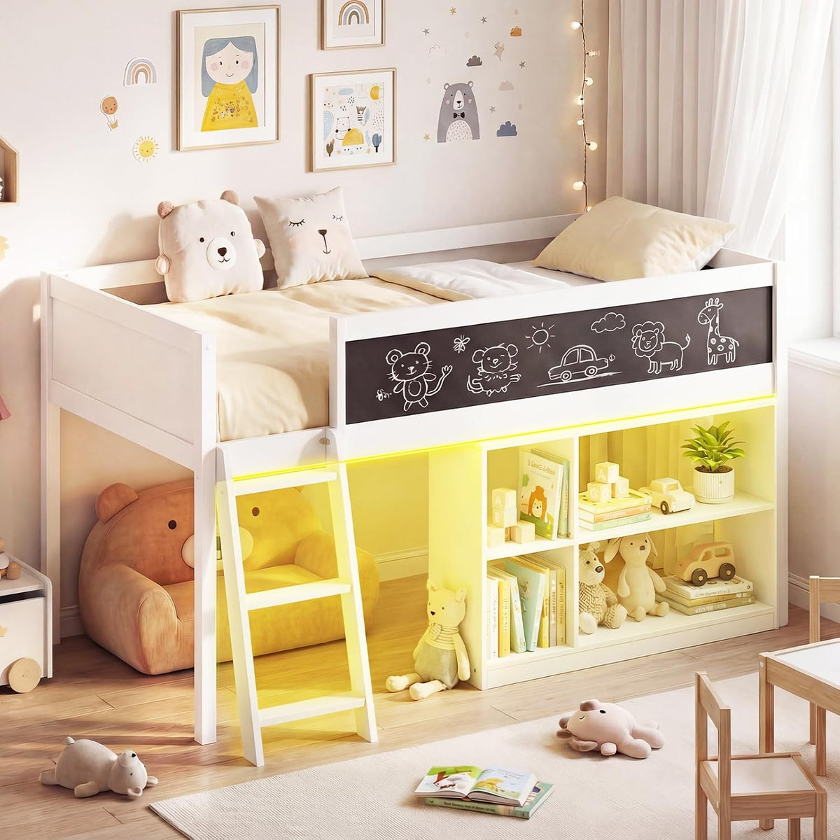 Giantex Low Loft Bed with LED Lights, Twin Size Bed Frames for Kids w/Chalkboard, Removable Bookcase & Under-Bed Storage Space, Wood Loft Beds with Stairs, Safety Guardrail for Girls Boys (White)