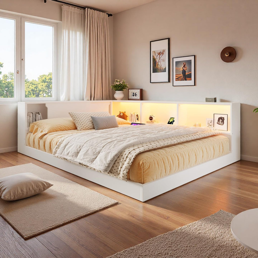 SOFTSEA Queen Size Corner Bed with Bookcase, Wood L-Shaped Floor Daybed with LED Lights & USB Ports, Floor Corner Bed Frame for Bedroom Guest Room, No Slats, White