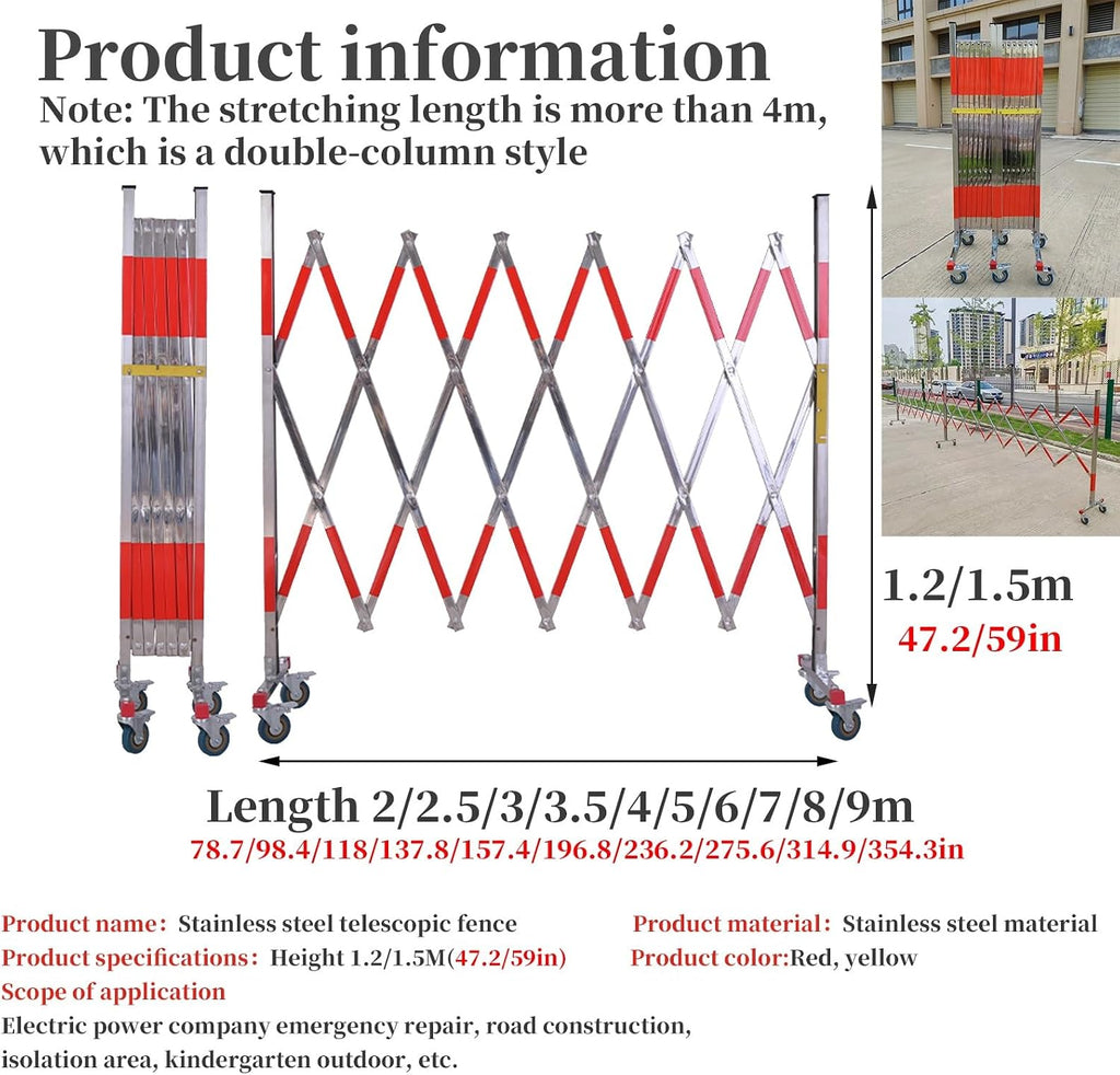 Expandable Retractable Stainless Steel Traffic Barrier - Mobile Industrial Fence with Universal Wheels for Safety Control - Easy to Use Flexible Gate System