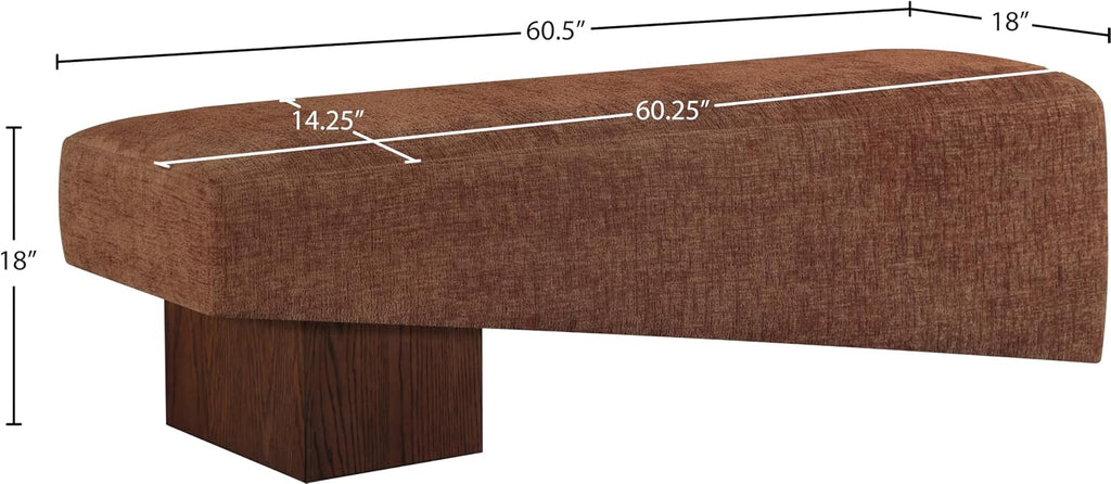 Meridian Furniture 22059Cognac Alora Collection Art Deco Bench with Soft Cognac Polyester Fabric, Brown Walnut Finish Solid Wood Frame, 60.5' W x 18' D x 18' H, Cognac