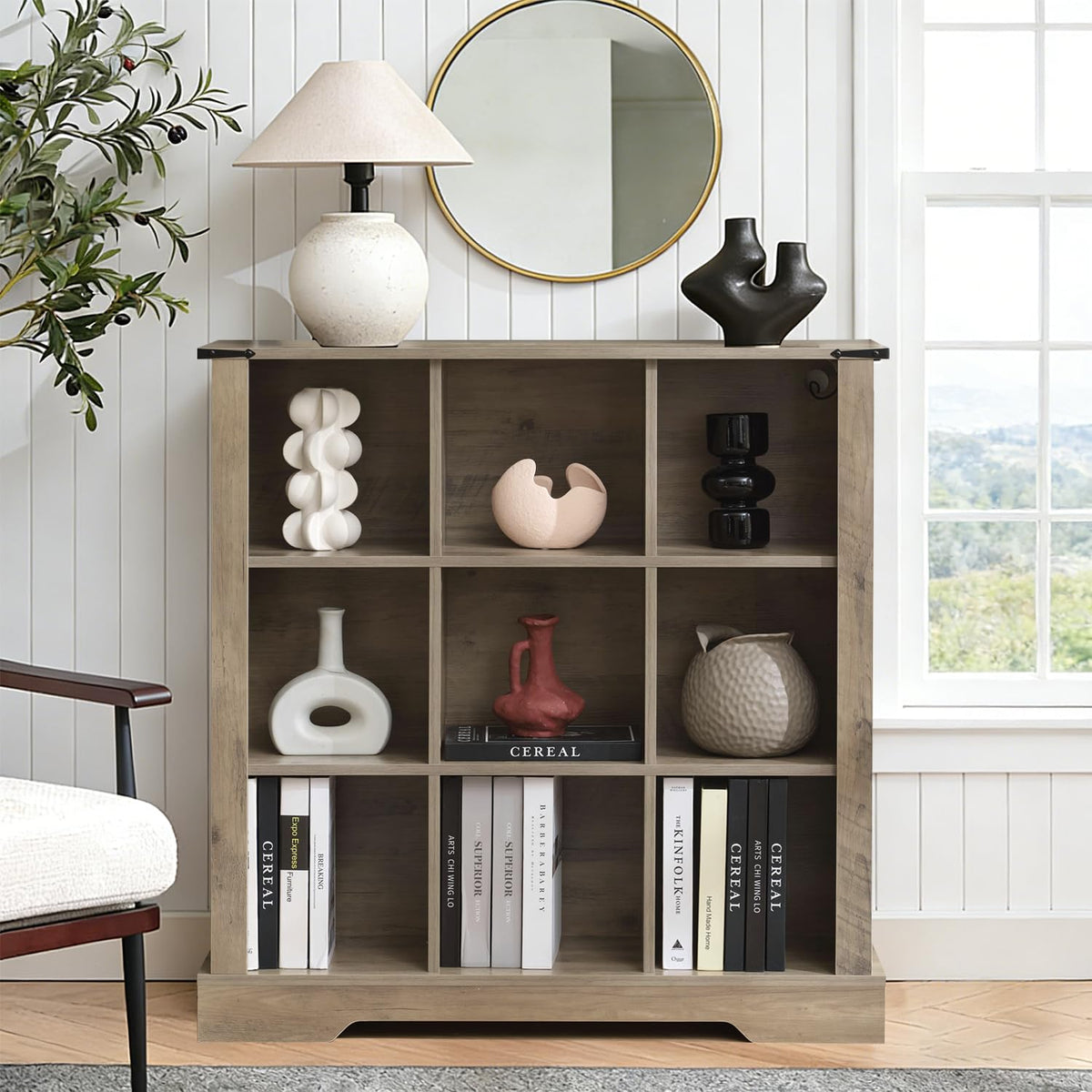 9 Cube Storage Organizer, Wood Cube Bookshelf with LED Lights, Horizontal Storage Cubes, Kids Bookshelf, Display Cabinet Cubby Shelf for Living Room Home Office Bedroom，Grey