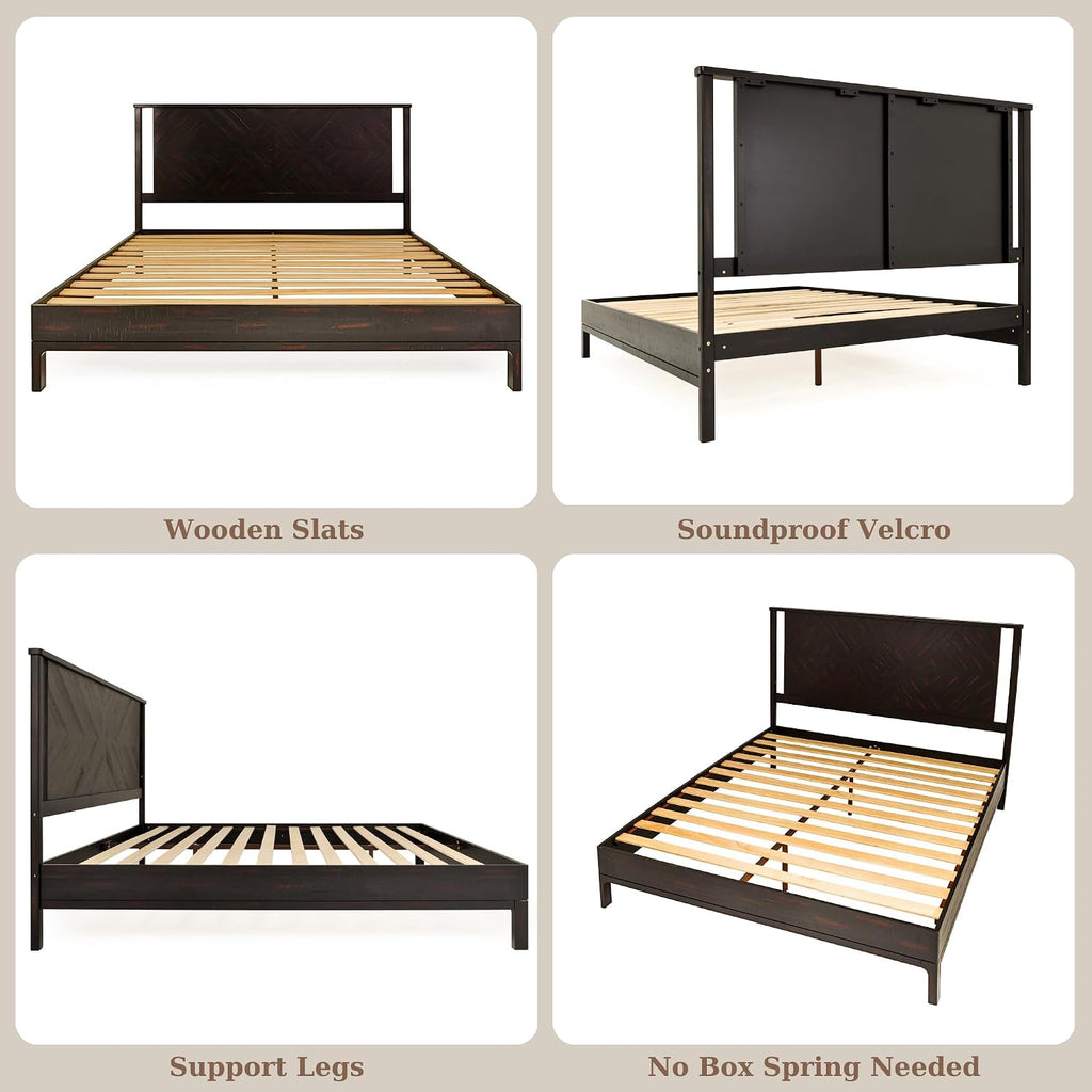 Bme Ethan King Size Bed Frame with Diamond Headboard, Rustic Mid-Century Modern, Solid Acacia Wood, No Box Spring Needed, Slat Support, Rustic Black