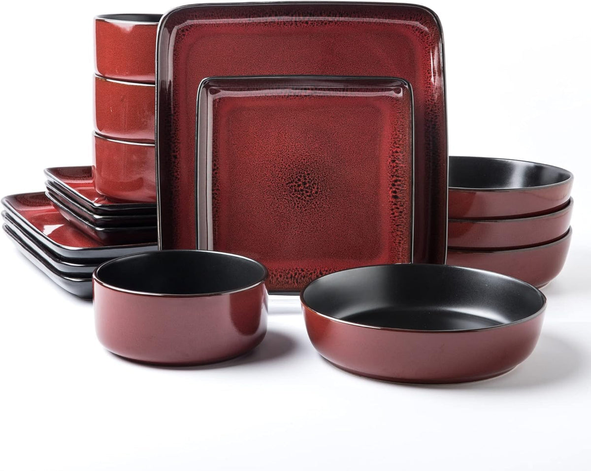 FLACKAR Square Stoneware 16pc Double Bowl Dinnerware Set for 4, Dinner Plates, Side Plates, Cereal Bowls, Pasta Bowls - Reactive Glaze Red (480349)