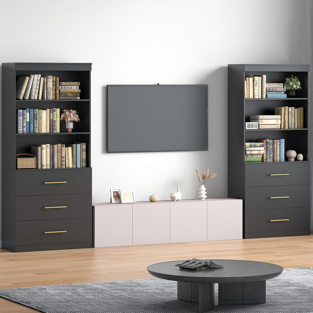 Winkalon 71' Tall Black Bookshelf with Drawers, Bookcase and Bookshelf with 3-Tier Open Shelves, Tall Bookcase Tall Storage Cabinet for Home Office Living Room, 13.8' D x 31.5' W x 71' H