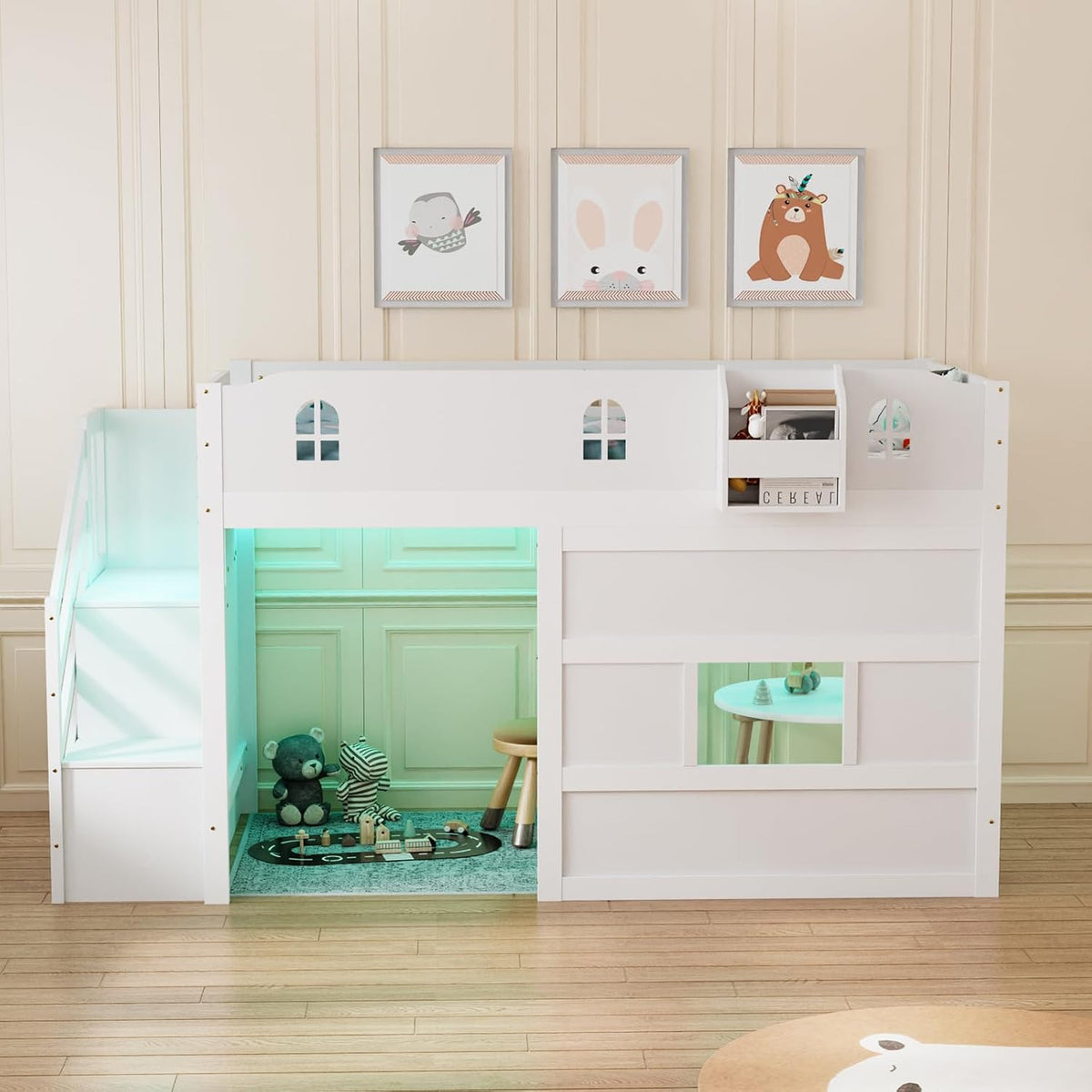 JOYMOR Low Loft Bed with LED Lights, Twin Loft Bed with Stairs, Safety Guardrail, Curtain, Wooden Bed Frame for Kids with Storage Staircase and Under-Bed Play Space,Pure White