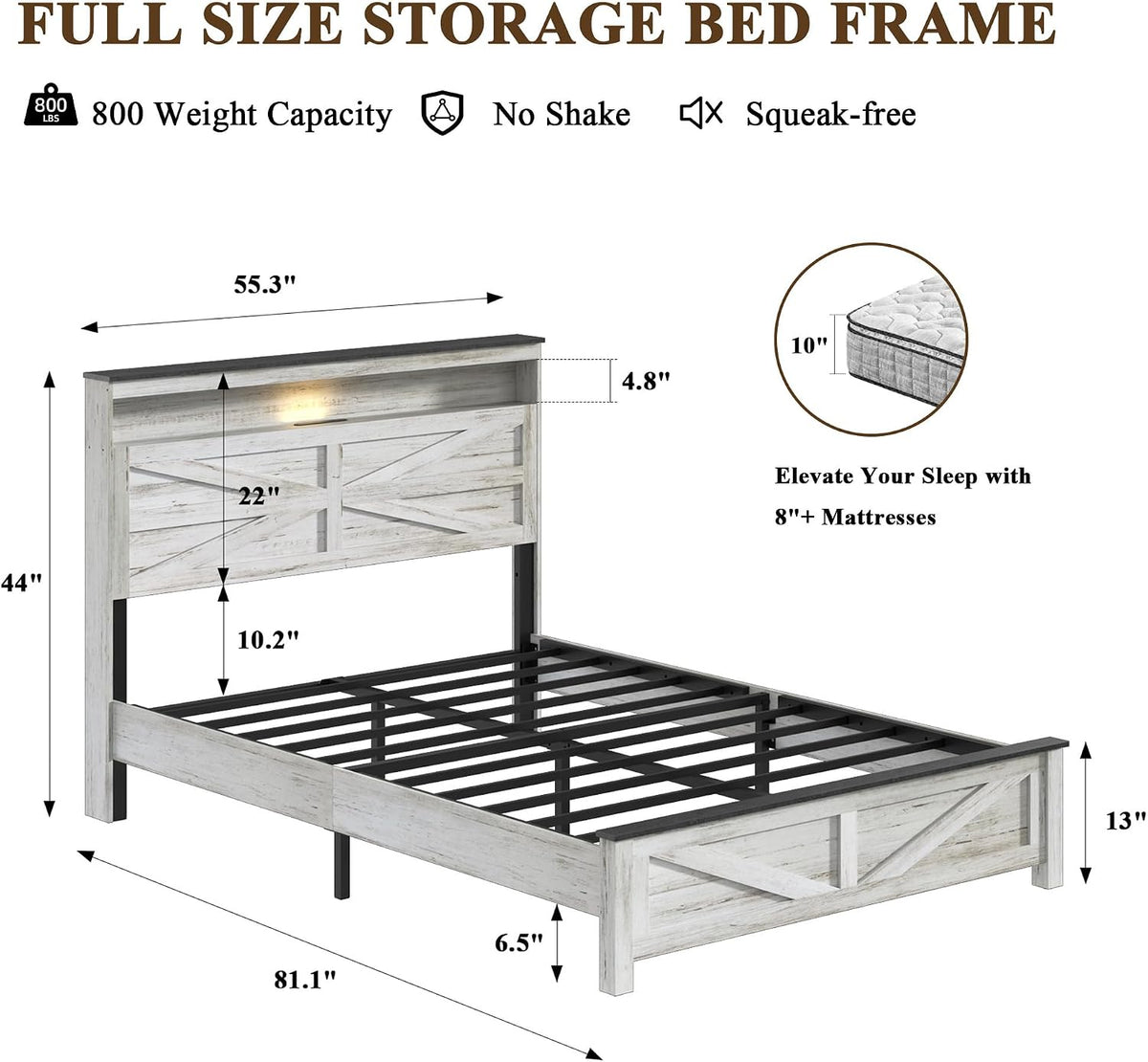 Farmhouse Full Size Bed Frame with Headboard Storage, Wood Platform Bed Frame with LED Lights & Charging Station, No Box Spring Needed, Noise-Free Sturdy Structure, Rustic White