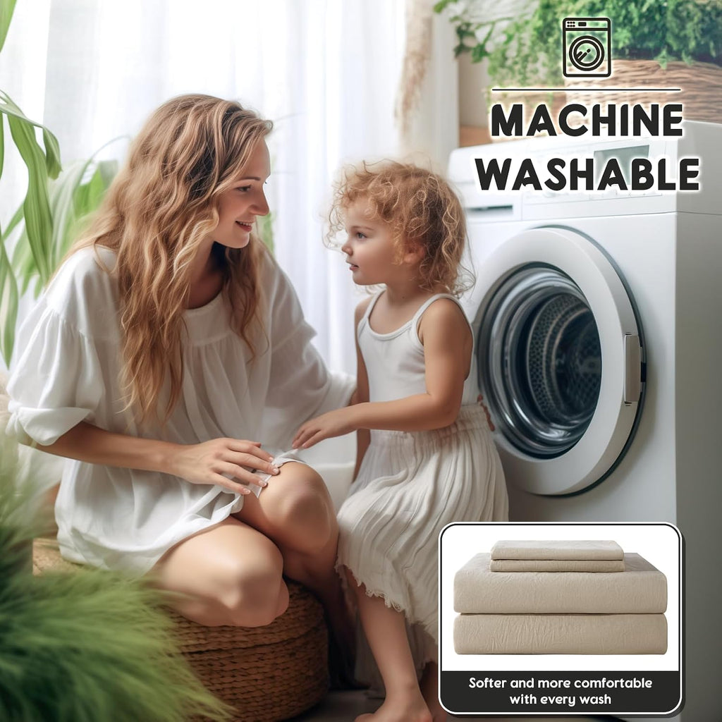 SONORO KATE 100% French Pure Linen Sheets, Extra Deep Pocket up to 18'-24', Breathable and Durable Linen Sheets, Anti-Tear Linen Bed Sheets, Machine Washable - 4 Piece (Natural Linen, King(24' deep))