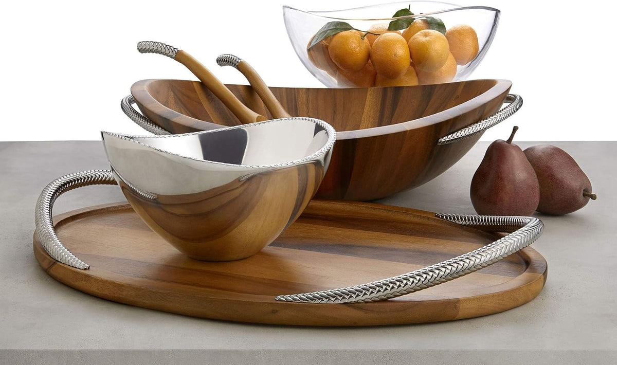 nambe Braid Glass Salad Bowl with Servers | Large 12-Inch Mixing and Serving Dish | Thick Glass Bowl for Salads, Fruit, and More | Stainless Steel Serving Spoons | Dishwasher Safe