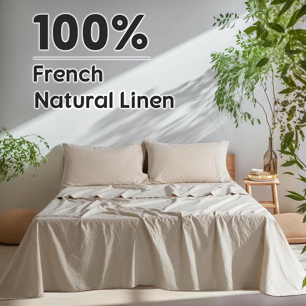 SONORO KATE 100% French Pure Linen Sheets, Extra Deep Pocket up to 18'-24', Breathable and Durable Linen Sheets, Anti-Tear Linen Bed Sheets, Machine Washable - 4 Piece (Natural Linen, King(24' deep))