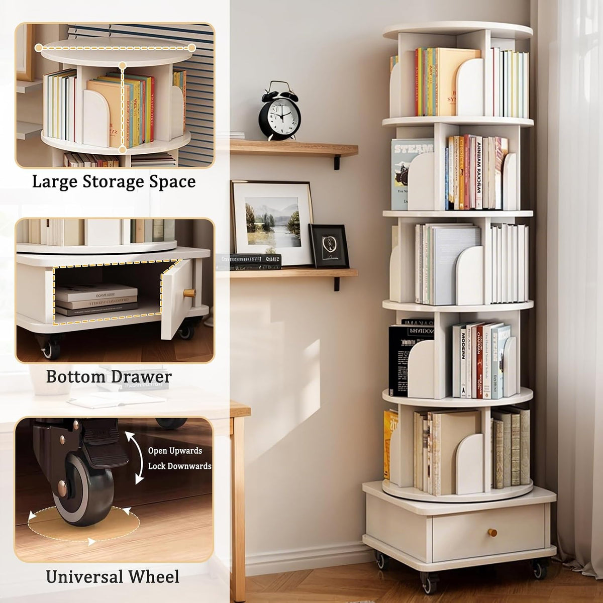 KEIKI 6-Tier Rotating Tower Spinning Bookshelf with 360°Swivel Wheels & Square Storage Drawer Base,Narrow Rolling Bookcase for Small Space,Corner,Bedroom,Office,White