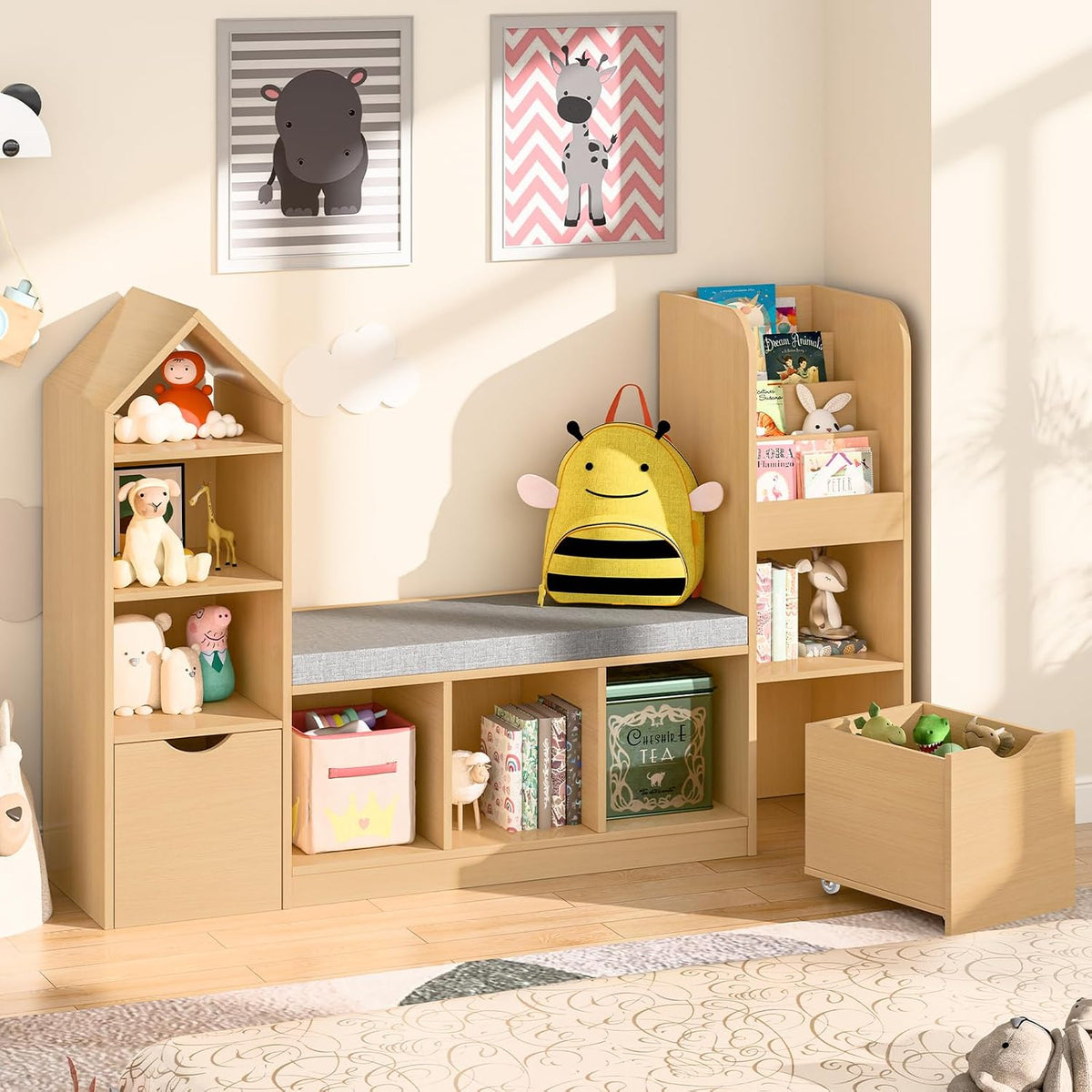 Befrases 55.12''Kids Bookshelf with Reading Nook, Toy Storage Organizer with Seat Cushion and 2 Movable Drawers, Kids Bookcase Toy Organizers with 7 Storage Cubbies, for Playroom, Bedroom, Oak