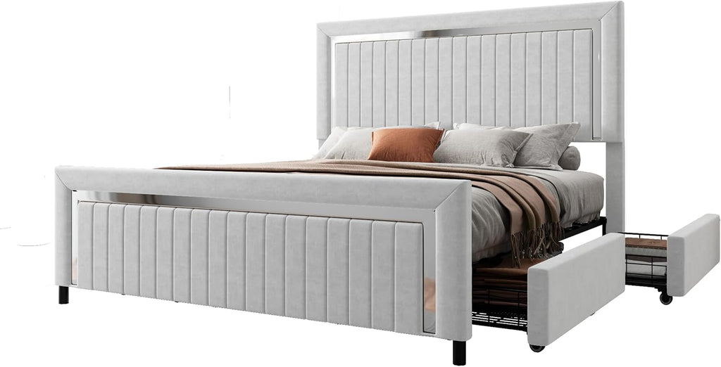 Jocisland King Size Upholstered LED Bed Frame with 4 Storage Drawers, Velvet Platform Bedframe with Channel Tufted Adjustable Headboard, Gray