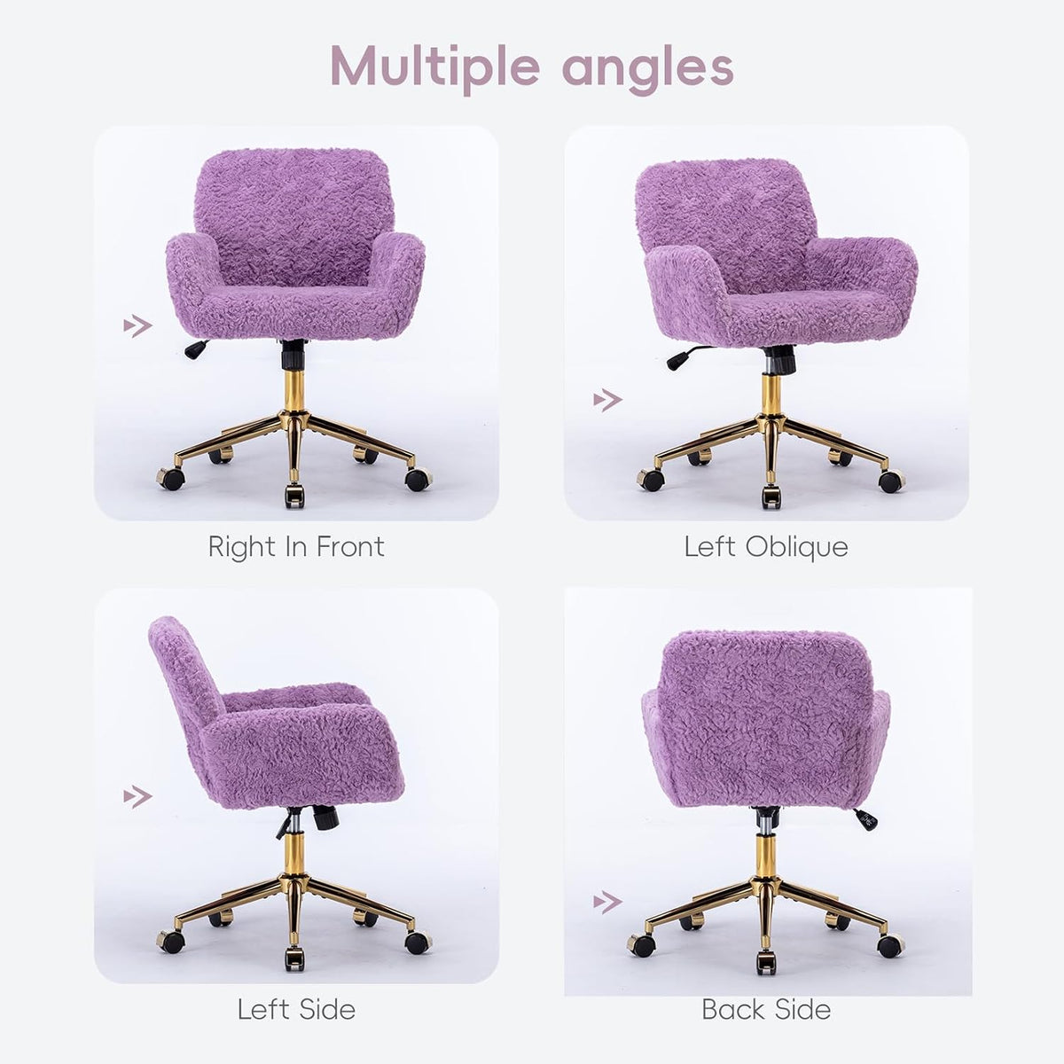 Plush Faux Fur Desk & Vanity Chair with Gold Base – Comfy Adjustable Girls Desk Chair, Makeup Chair, 360° Swivel, Tilt Backrest, Rolling Wheels – Modern Chic Home Office Seating,Violet