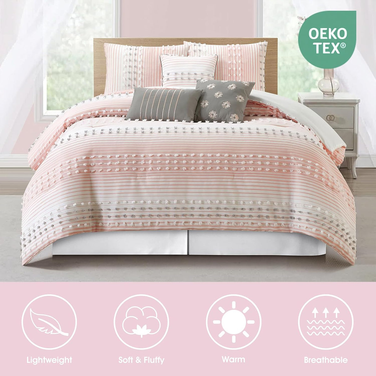 LANCO MODERN LIFESTYLE King Comforter Set, Pink, Jaquard Clip Striped Design, Elegant Soft 7 Pieces Bedding Set for All Seasons, Matching Bedskirt, Pillow Shams and Decor Pillows