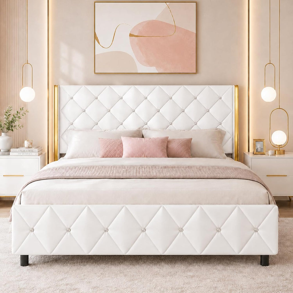 HOMBCK Full Bed Frame with Headboard, PU Leather Platform Bed with Wingback, Modern Bed Frame with Diamond Tufted, No Box Spring Needed, Easy Assembly, White