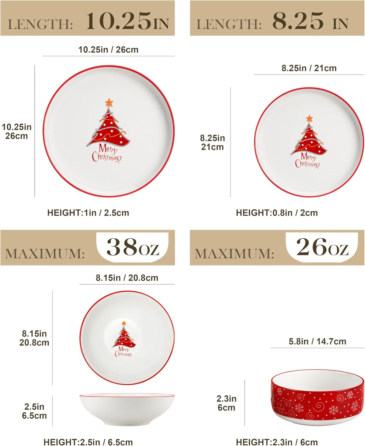 MALACASA Plates and Bowls Sets, 24 Pieces Christmas Porcelain Dinnerware Set for 6, Ceramic Dishware Dishes Kitchen Dining Ware Set, Microwave and Dishwasher Safe, Series LUNA-Christmas Tree