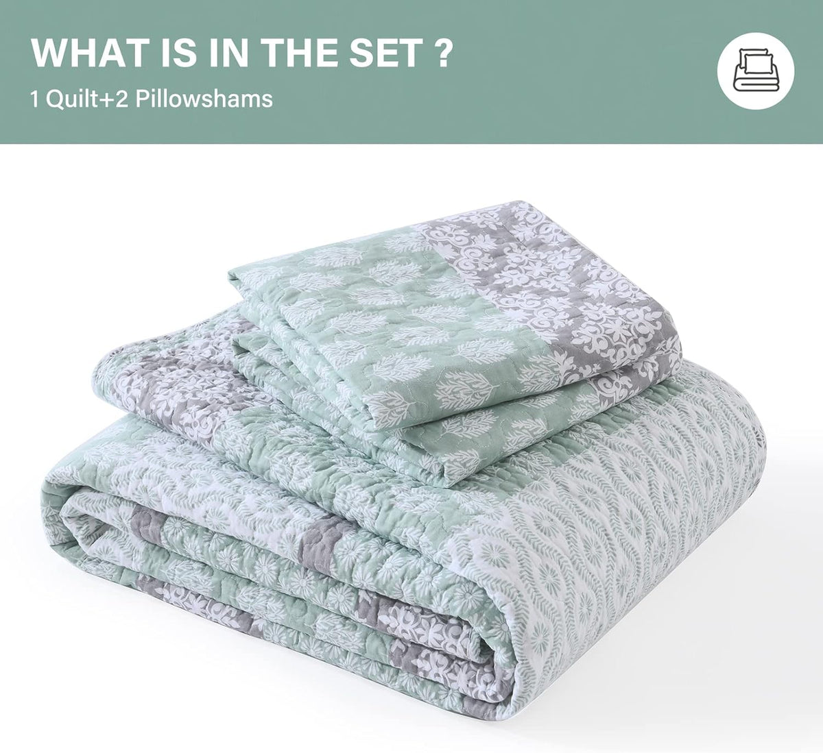 SahSahCasa Quilt King Size, King Quilt Set, 100% Cotton Floral Quilt, King Quilt Bedding Set Bedspreads, Patchwork Reversible Lightweight Comforter Bed Spread for All Season, Green/Gray
