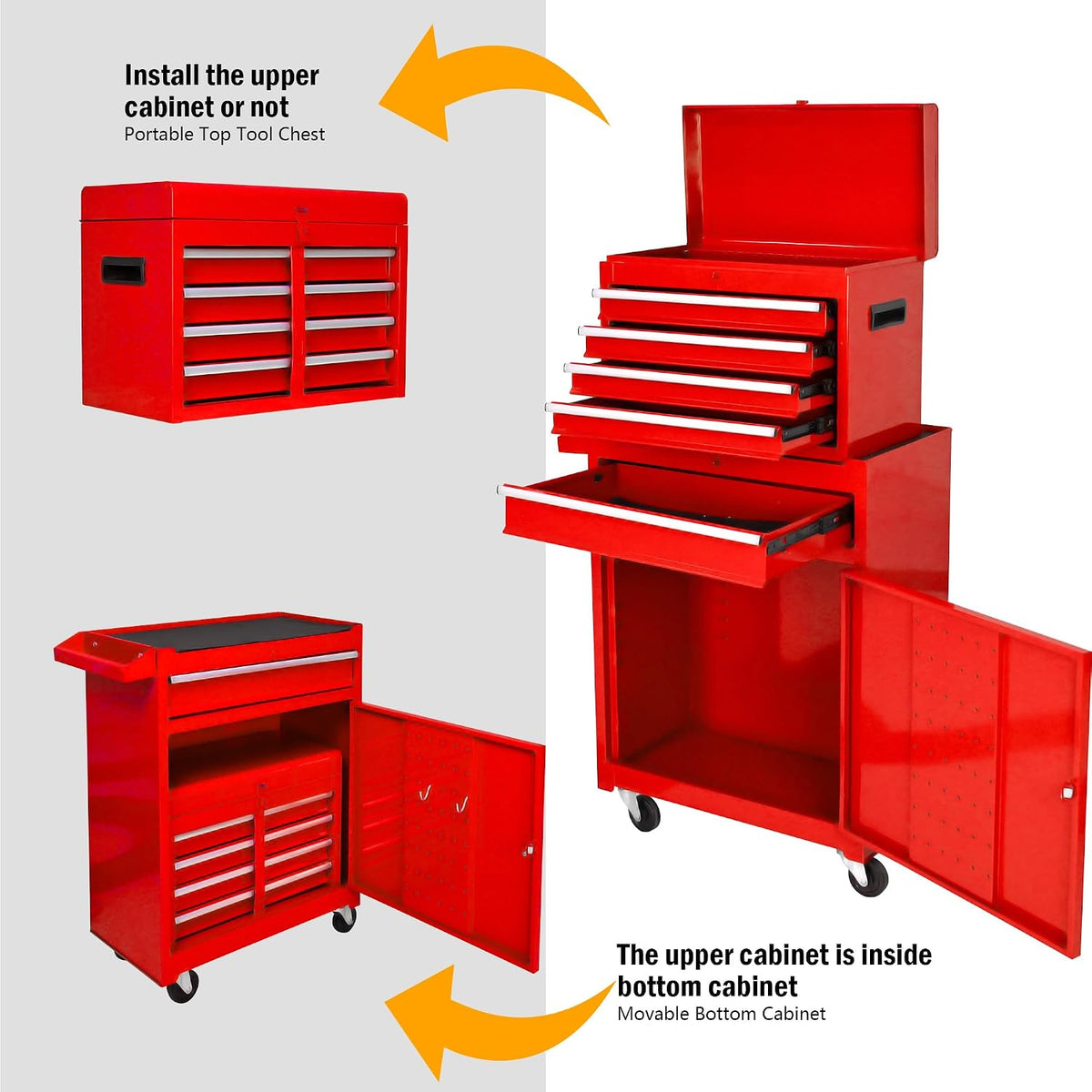 5-Drawer Tool Chest, Rolling Tool Box with Detachable Top Toolbox & Universal Wheels, Tool Cabinet with Lock Bar, Protective Liner & Tool Rack, Metal Storage Cart for Workshop,Garage (Red)
