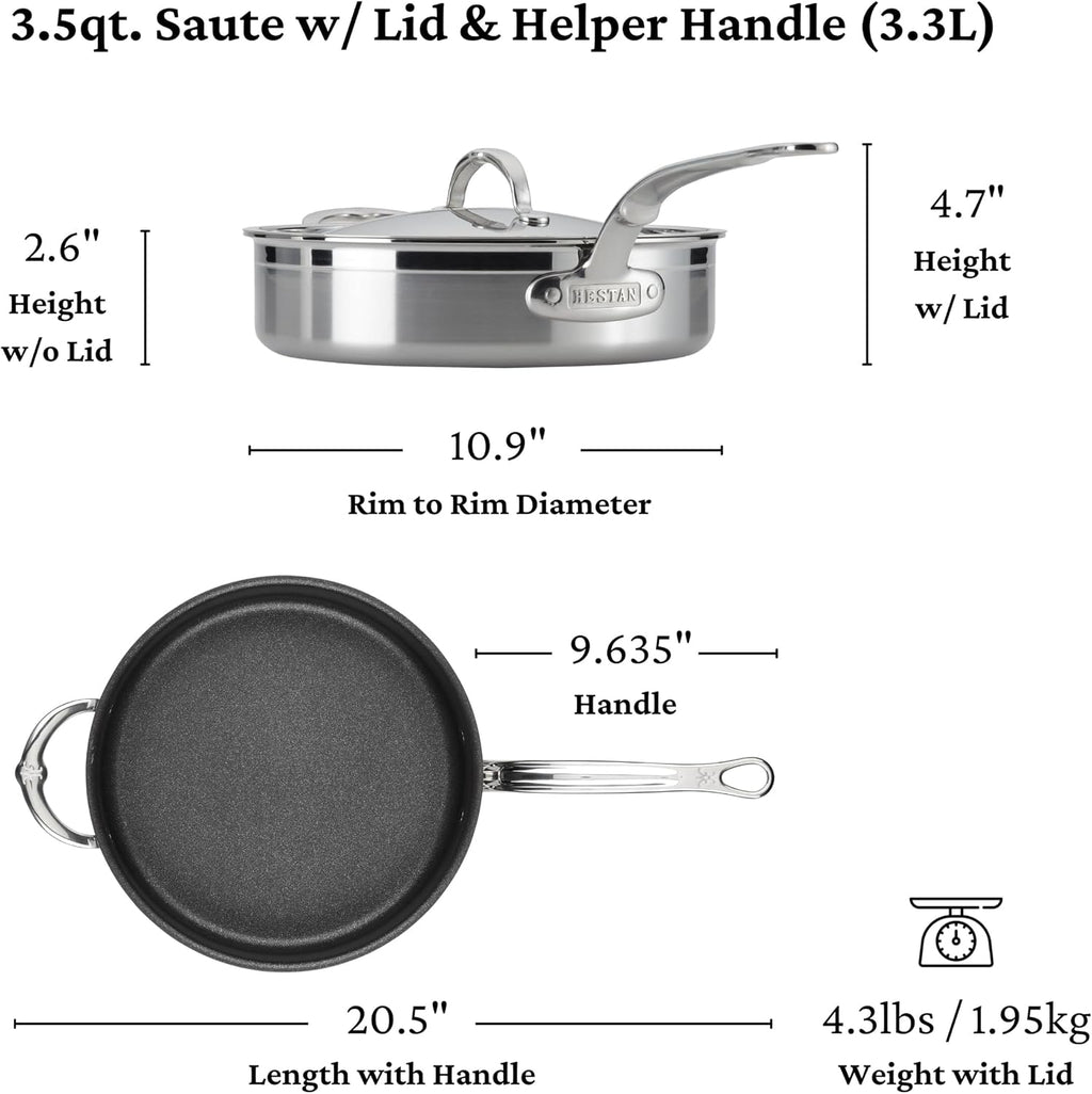 Hestan ProBond Forged TITUM - Professional Clad Stainless Steel, Nonstick, Saute Pan with Lid, 3.5-Quart, Induction Compatible, Made without PFOAs