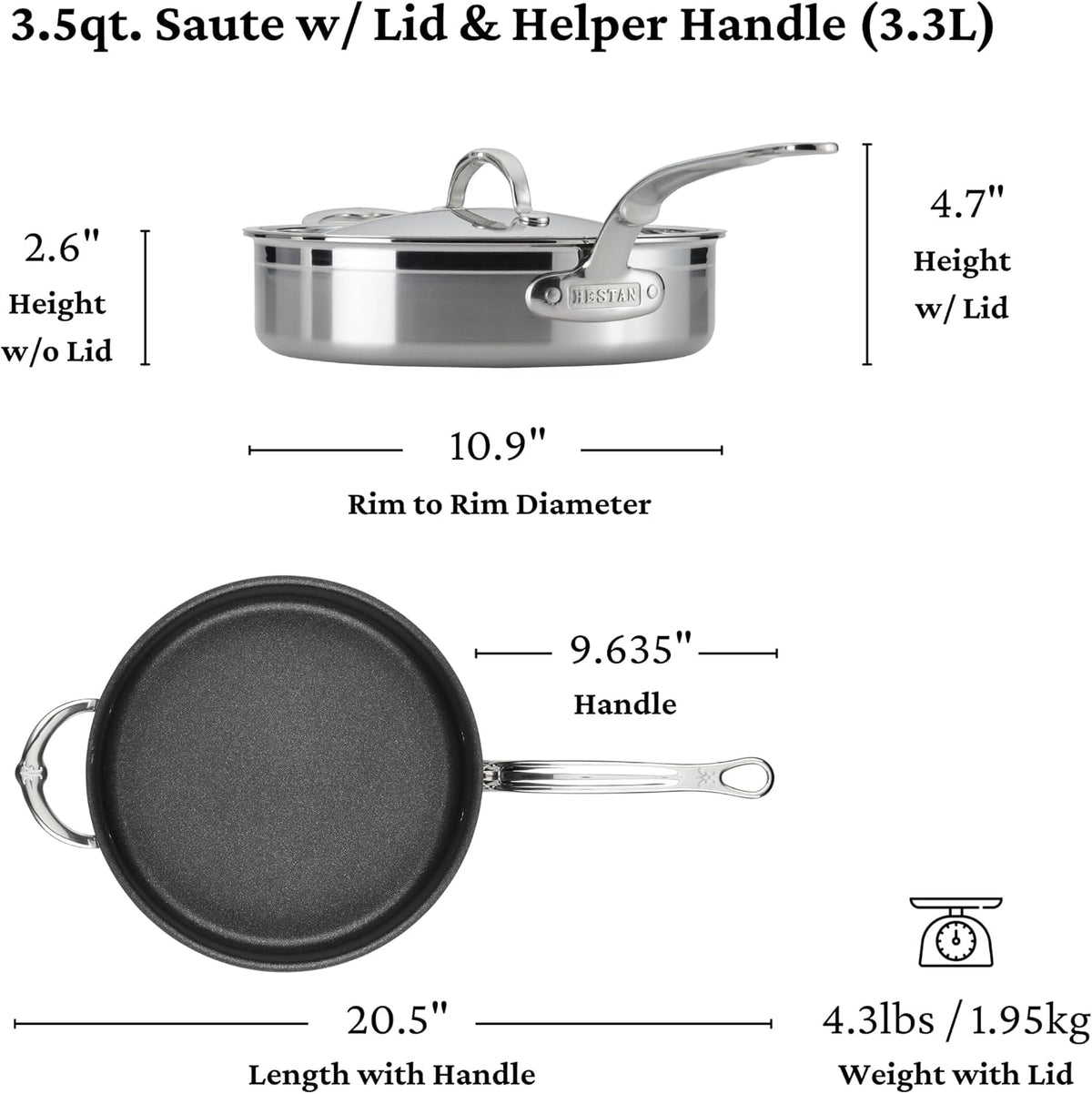 Hestan ProBond Forged TITUM - Professional Clad Stainless Steel, Nonstick, Saute Pan with Lid, 3.5-Quart, Induction Compatible, Made without PFOAs