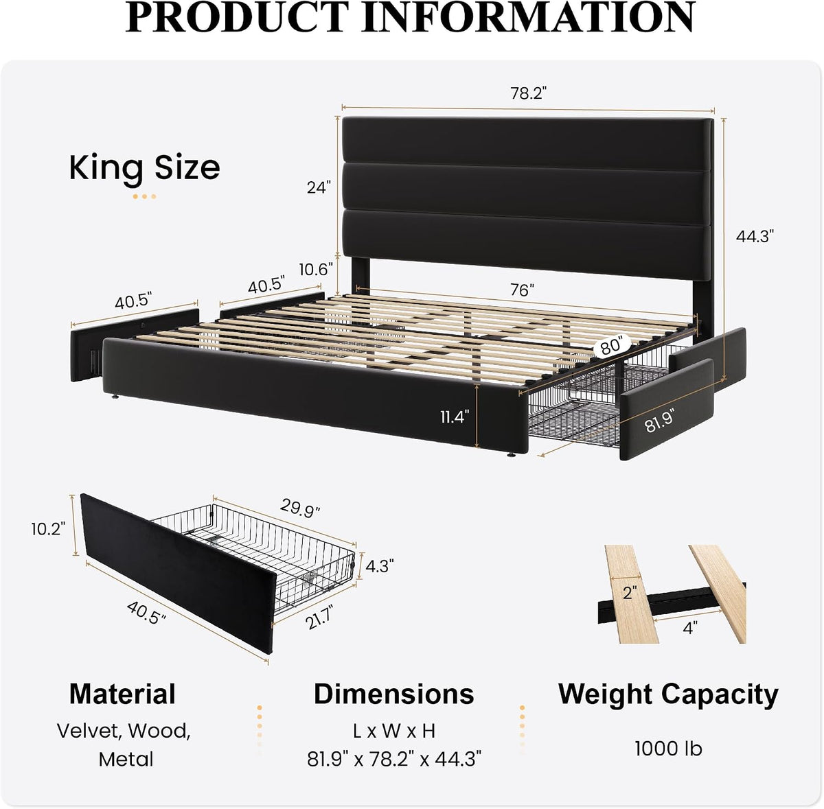 SHA CERLIN King Size Platform Bed Frame with 4 Storage Drawers, Velvet Upholstered Headboard, Mattress Foundation with Wooden Slats Support, No Box Spring Needed, Easy Assembly, Black