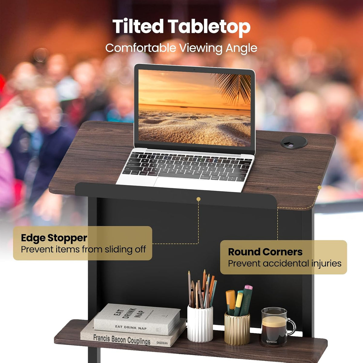 Tangkula Rolling Podium Stand, 3-Position Height Adjustable Lectern Table with Tilted Tabletop, Mobile Laptop Cart with Storage Shelf, Lockable Casters, Ideal for Classroom, Office (2, Walnut)