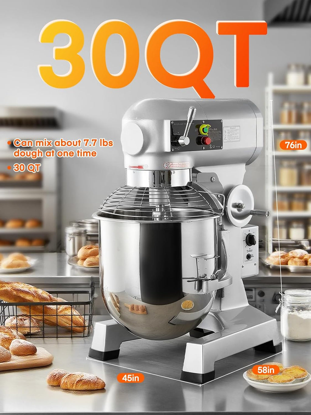 Commercial Mixer, Commercial Food Mixer, Dough Mixer with Stainless Steel Bowl, 3 Speeds Adjustable and Safety Guard, Dough Hook Whisk Beater Included, Ideal for Bakery Pizzeria, NO for Home(30QT)