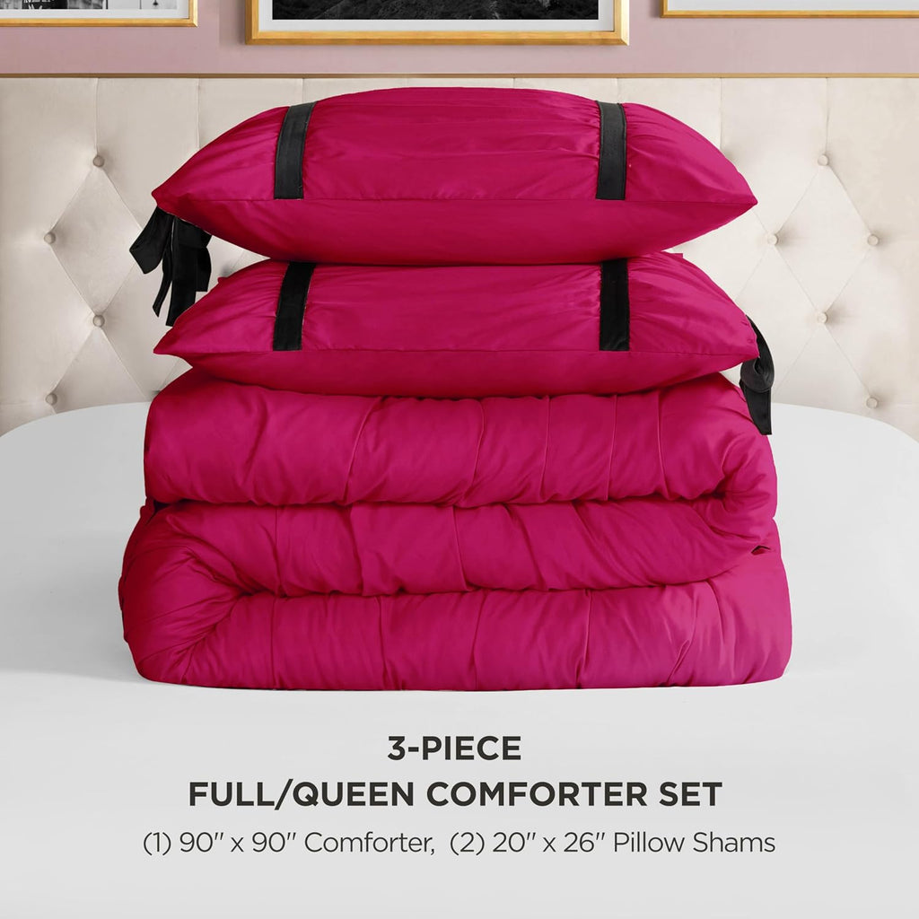 Juicy Couture Hot Pink Amelie Velvet Bows Ruched Queen/Full Comforter Set - 3 Piece Stylish Bedding Ensemble