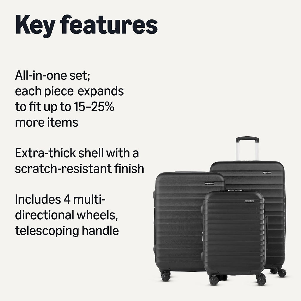 Amazon Basics 3-Piece Hardshell Luggage Set (21', 26', 30'), Scratch-Resistant Expandable Suitcases with Multi-directional Wheels and Telescoping Handle, Black