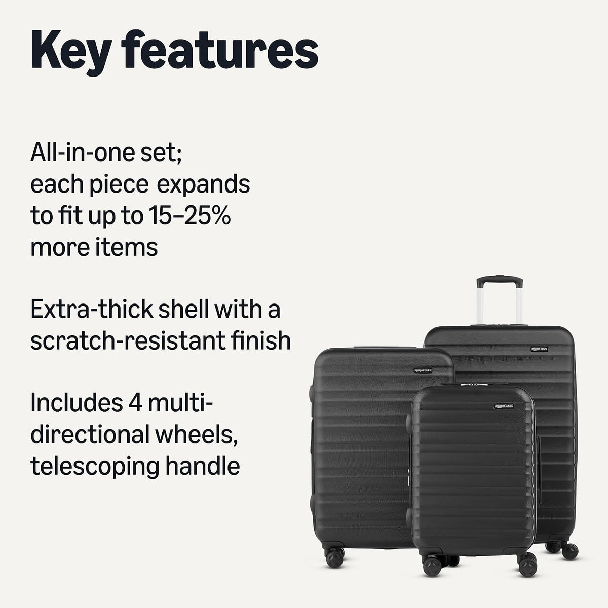 Amazon Basics 3-Piece Hardshell Luggage Set (21', 26', 30'), Scratch-Resistant Expandable Suitcases with Multi-directional Wheels and Telescoping Handle, Black