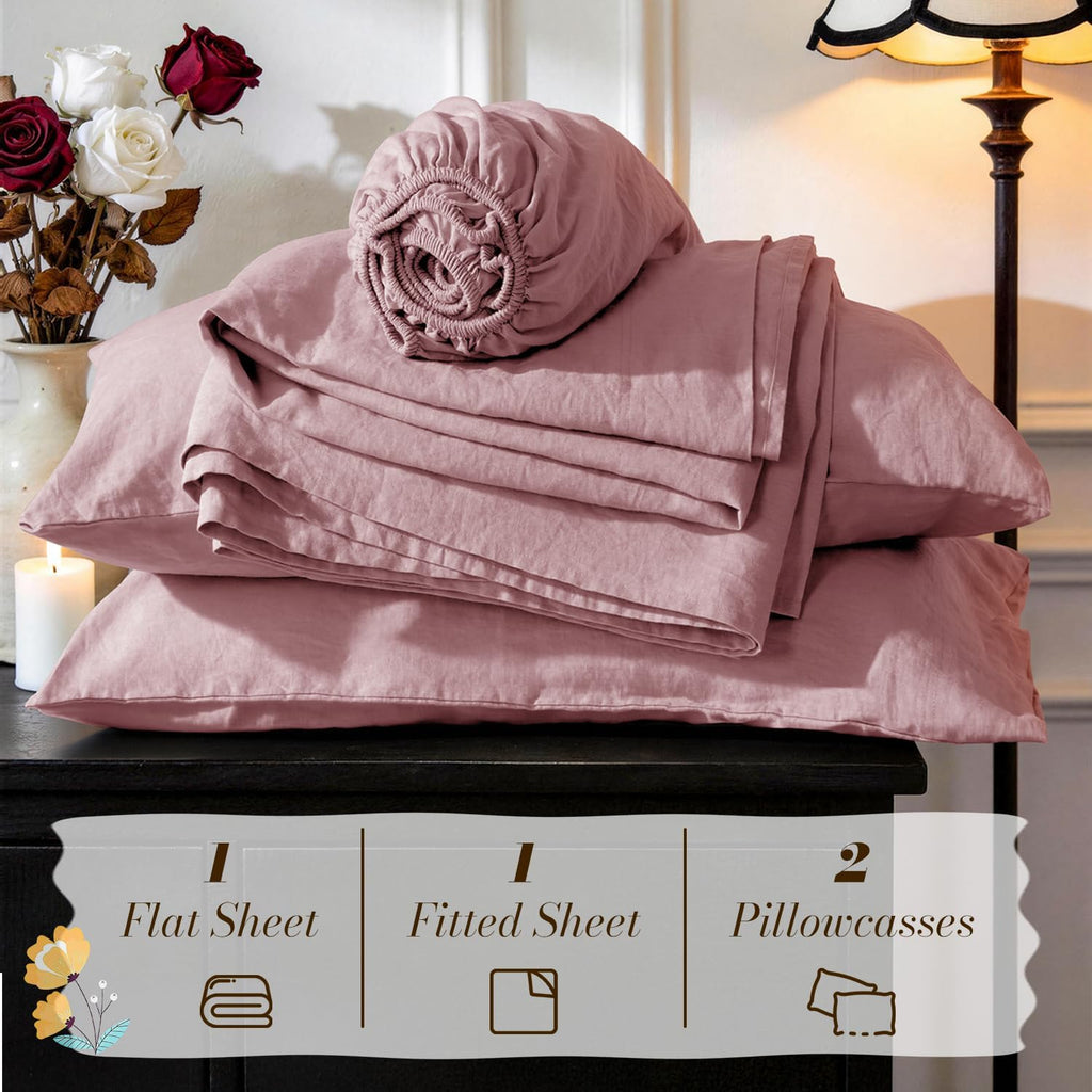 SONORO KATE 100% French Pure Linen Sheets, Breathable and Durable Linen King Size Sheets, Anti-Tear Linen Bed Sheets, Machine Washable, 16 Inch Deep Pocket - 4 Piece (Embroidery Purple, King)