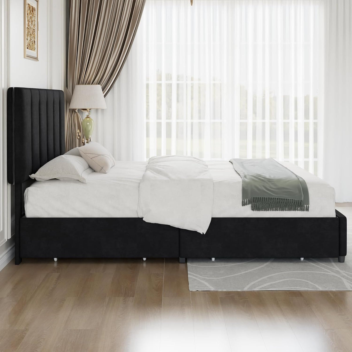 VECELO Full Size Bed Frame with 4 Storage Drawers, Adjustable Height Headboard, Heavy-Duty Platform Bedframe with Strong Wooden Slats, No Box Spring Needed, Black