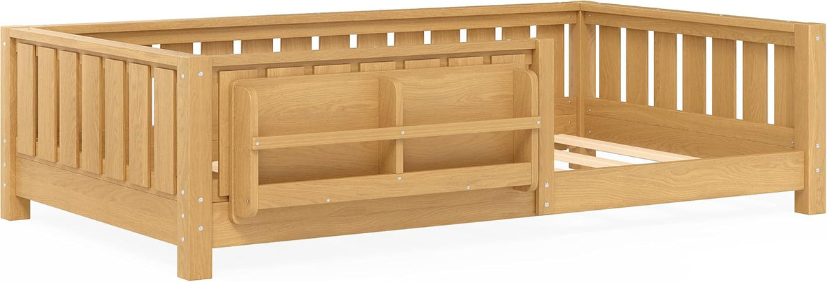 Bellemave Twin Floor Bed with Slats and Safety Guardrail, Twin Size Montessori Floor Bed with Fence and Built-in Bookshelf, Easy Assemble Montessori Beds for Kids, Girls, Boys, Light Natural