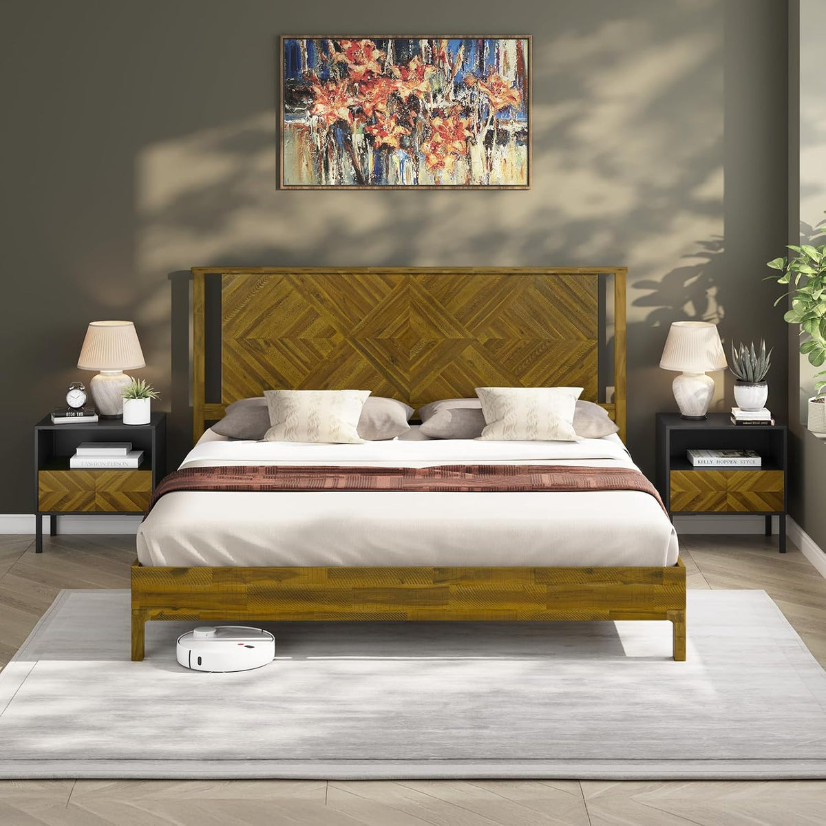 Bme Ethan Solid Wood King Bed Frame with Diamond Headboard - Rustic & Mid-century Modern - Acacia Wood Platform Bed - Compatible with All Mattresses - No Box Spring Needed - Rustic Brown
