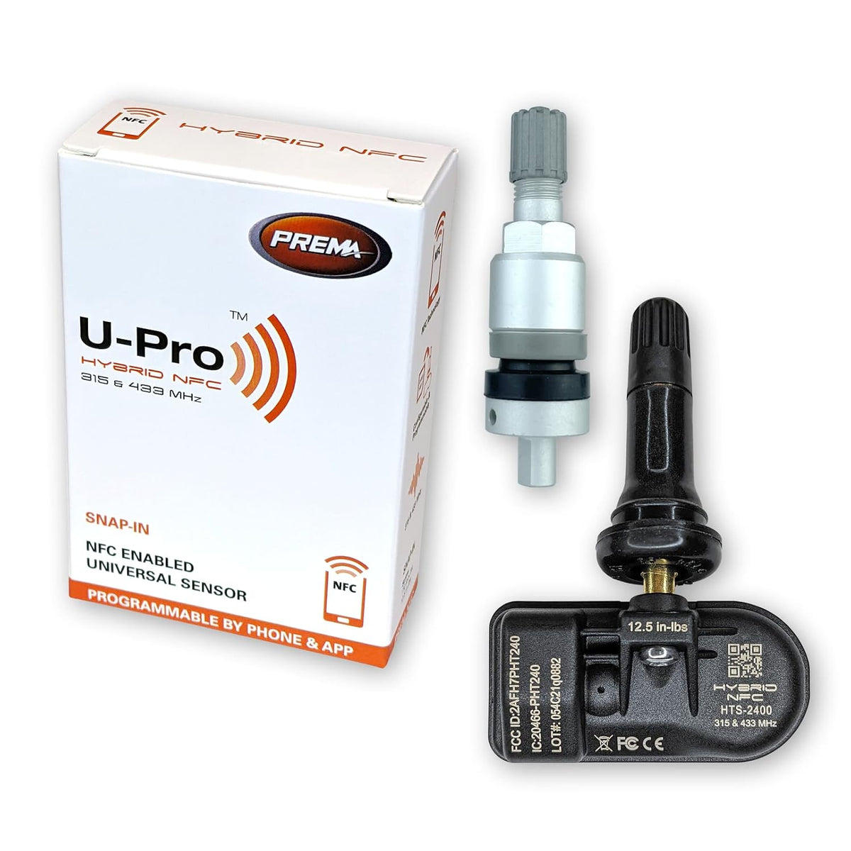 Set of 12 PREMA U-Pro Hybrid NFC TPMS Sensors with Rubber Snap in and Aluminum Clamp in Valve Stems | Universal for Any Vehicle | Programs with Free Smart Phone App! | Manufactured by Hamaton