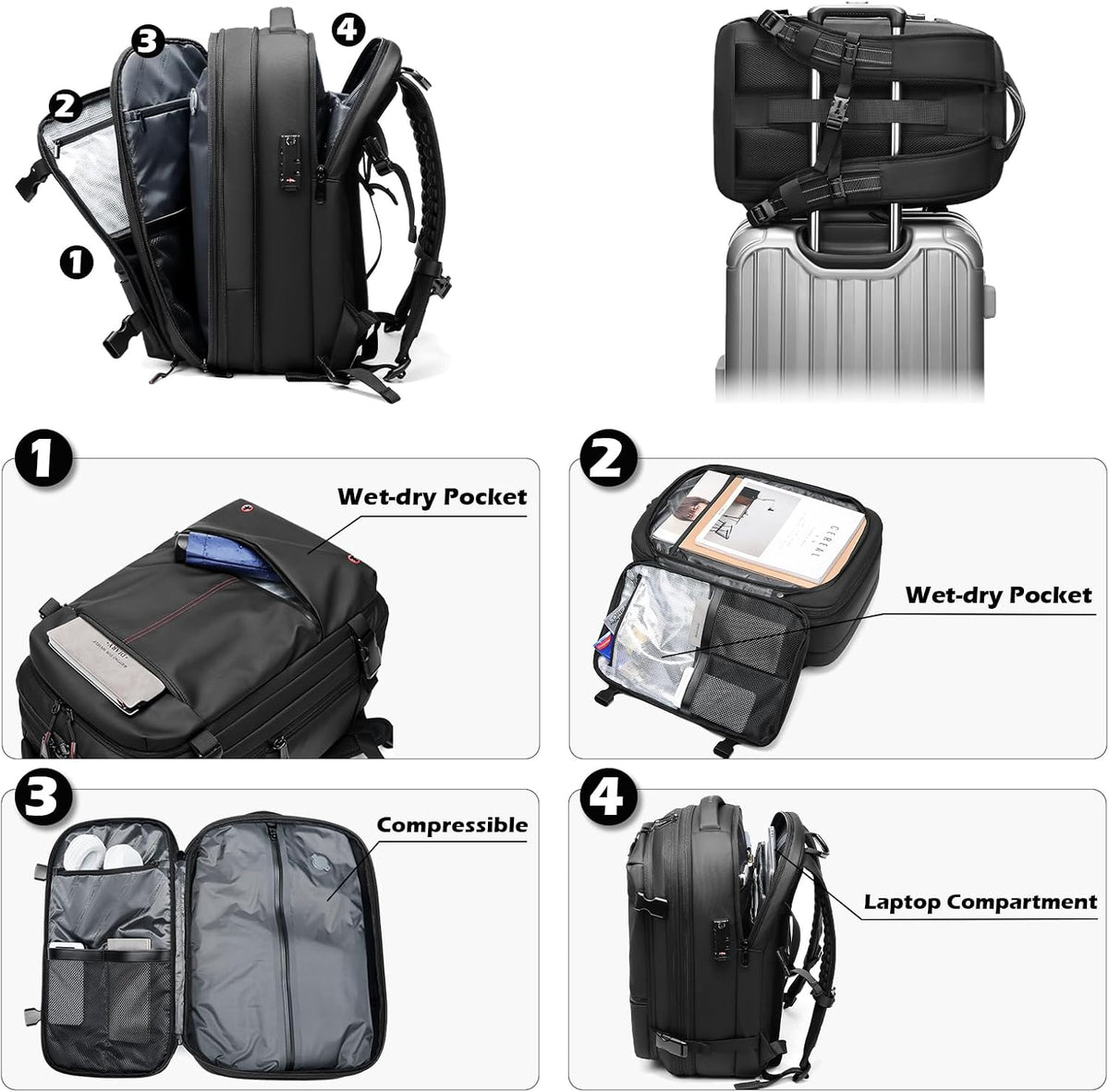 Somago Vacuumable Backpack Expandable Water-resistant Travel Bag with Air Pump Multifunctional Rucksack Backpack with TSA Lock Anti-thief Pocket Fit for 17 Inch Laptop