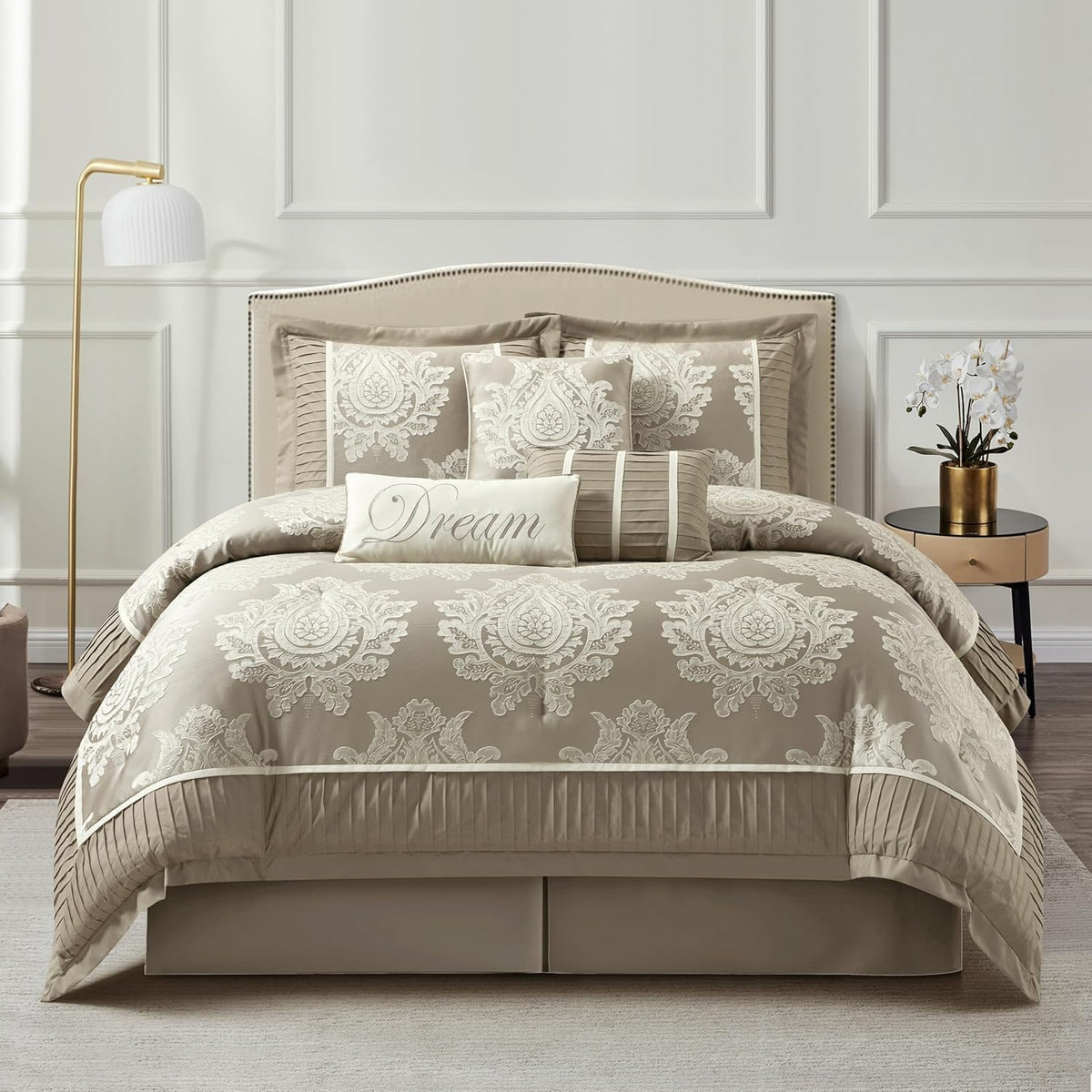 Grand Avenue Beige Comforter Set King Size, Jacquard with Matching Solid Piecework Bedding Set, All Season, Bedskirt, Pillows & Shams