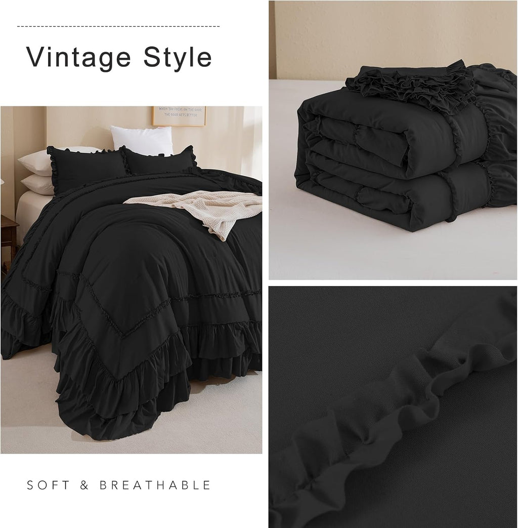 QSH 3PCs Black Ruffled Oversized King Comforter 120x120,Farmhouse Shabby French Country Chic Ruffle Bed Comforter Set Boho Lightweight Ultra Soft Microfiber California King Comforter with Pillowcases