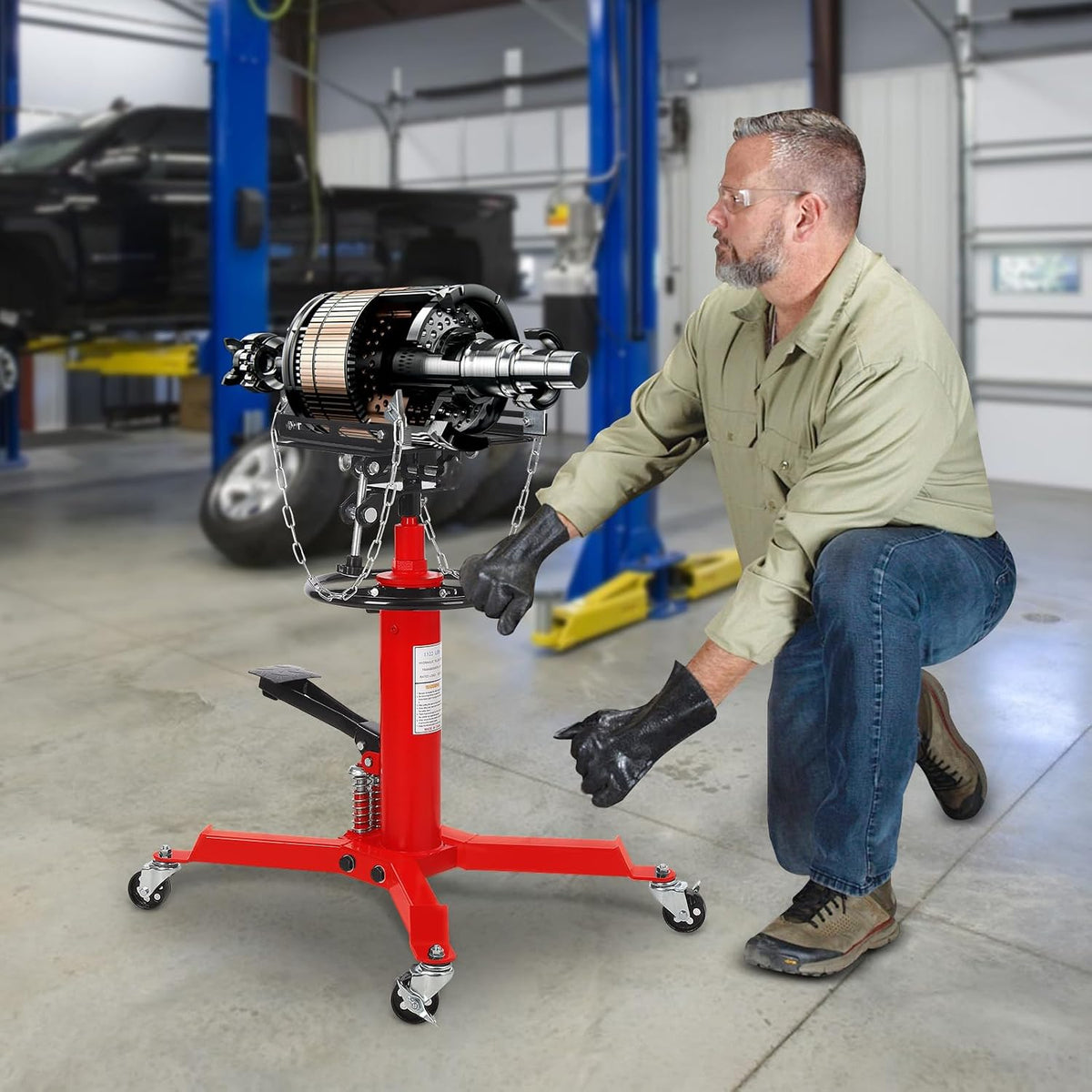 1322Lb Heavy Duty Transmission Jack, 33.5'-69' High Lift Hydraulic Telescoping Transmission Jack, 2-Stage Telescopic Transmission Stand with Foot Pedal & 360° Swivel Wheel, Red