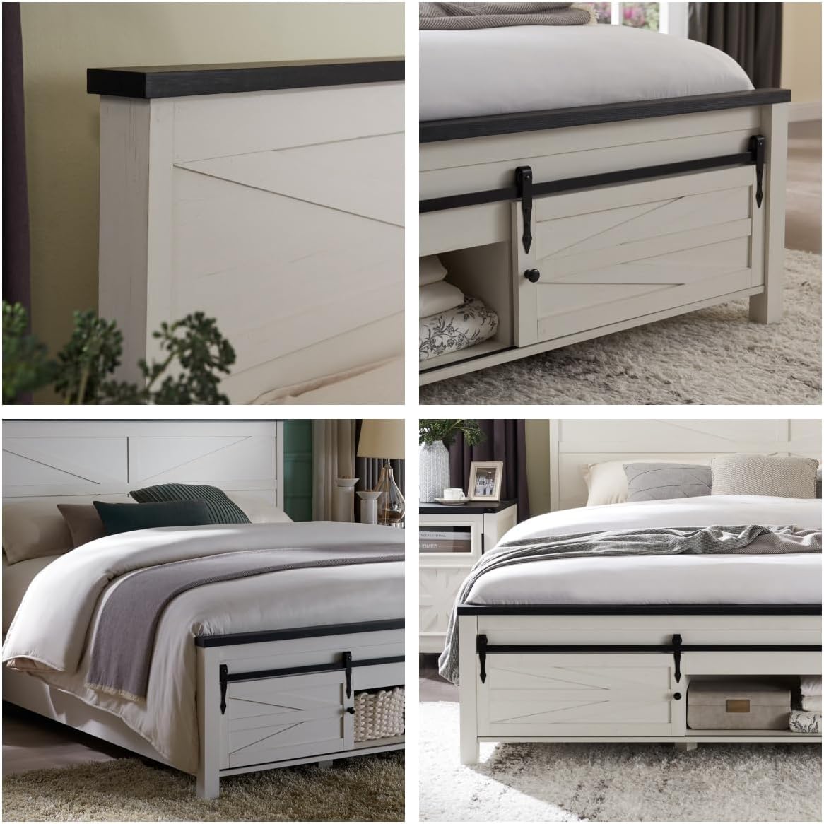 ACCOHOHO Farmhouse Queen Size Bed Frame with Barn Door Storage, Platform Bed Frame with Headboard, Rustic Bed, Solid Wood Slats Support/Noiseless/No Box Spring Needed (White)